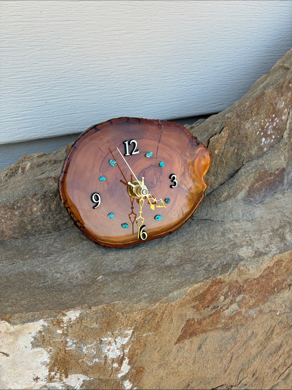 Vintage Handcrafted Live-Edge Burl Wood Desk Clock with Turquoise stones